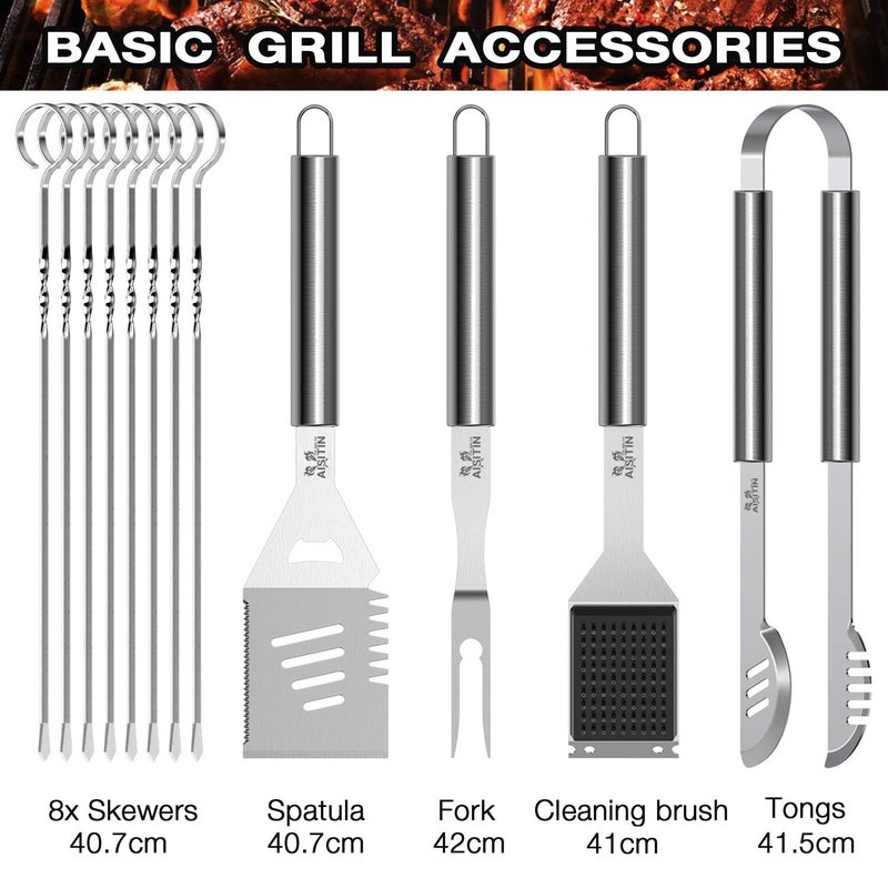 AISITIN 35Pcs BBQ Grill Grilling Accessories Tools Set, Premium Barbecue Tool Set with Thermometer, Steel Fork, Stainless Steel Tongs and Spatula, Meat Injector, Grill Mat, BBQ Tools for Grill Outdoor - Image 2